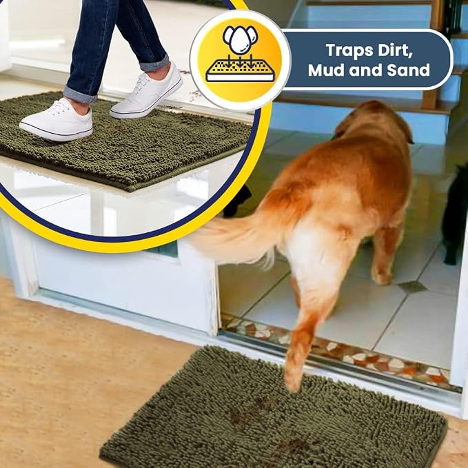 Muddy Mat® | Super Water Absorbent Door Mat Indoor, Microfiber Quick Dry Chenille Entryway Rug, Slip Resistant Front Door Mat, Indoor Mats for Entryway, Machine Washable Pet Rug, Sage 28" x 48"