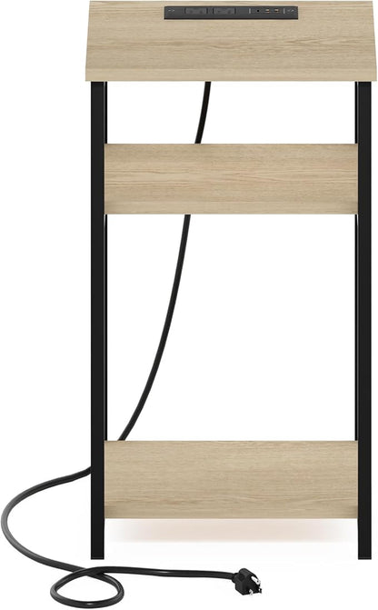 Furinno Moretti Side Table, 3-Tier Modern End Table with Charging Station, Metal Frame Night Stand, Bedside Table with USB and Type-C Port, for Living Room, Bedroom, Bauhaus Oak