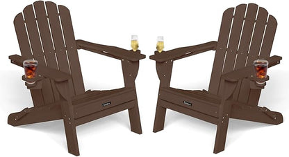 Adirondack Chairs Set of 2, HDPE Material Fire Pit Chairs, Plastic Adirondack Chairs with 2 Cup Holder, Outdoor Lawn Chair for Patio Garden, Brown