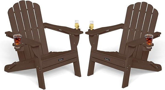 Adirondack Chairs Set of 2, HDPE Material Fire Pit Chairs, Plastic Adirondack Chairs with 2 Cup Holder, Outdoor Lawn Chair for Patio Garden, Brown