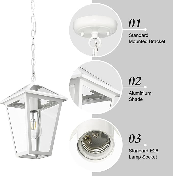 Outdoor Pendant Light Fixture, Exterior Hanging Pendant Lights for Porch, Outside Chandelier Ceiling Mount Aluminum with Clear Glass for Entryway Doorway Gazebo Patio Foyer, White