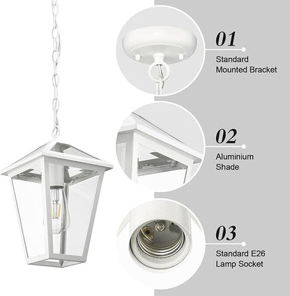 Outdoor Pendant Light Fixture, Exterior Hanging Pendant Lights for Porch, Outside Chandelier Ceiling Mount Aluminum with Clear Glass for Entryway Doorway Gazebo Patio Foyer, White