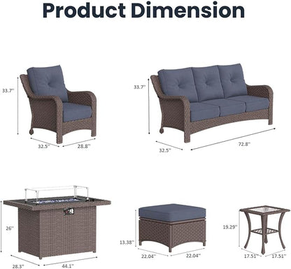 7 Pieces Outdoor Patio Furniture Sets with Single Chairs with 6-inch Thick Cushion and Fire Pit Table for Deck Lawn