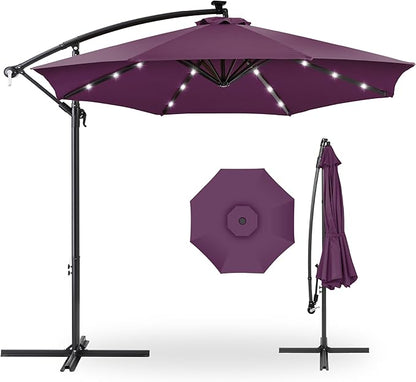 Best Choice Products 10ft Solar LED Offset Hanging Market Patio Umbrella for Backyard, Poolside, Lawn and Garden w/Easy Tilt Adjustment, Polyester Shade, 8 Ribs - Amethyst Purple