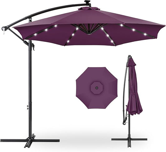 Best Choice Products 10ft Solar LED Offset Hanging Market Patio Umbrella for Backyard, Poolside, Lawn and Garden w/Easy Tilt Adjustment, Polyester Shade, 8 Ribs - Amethyst Purple