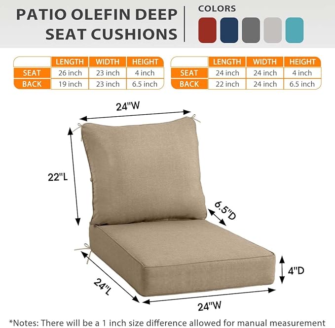 Sundale Outdoor Olefin Deep Seat Cushion Set of 2, Patio Chair Cushion and Pillow, Water-Resistant Sectional Sofa Pad with Straps Khaki, 24 x 24 x 4 Inches