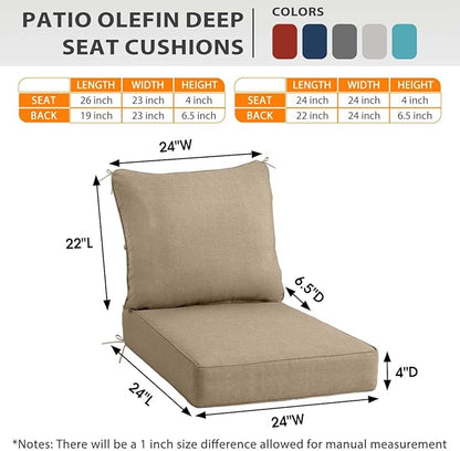 Sundale Outdoor Olefin Deep Seat Cushion Set of 2, Patio Chair Cushion and Pillow, Water-Resistant Sectional Sofa Pad with Straps Khaki, 24 x 24 x 4 Inches