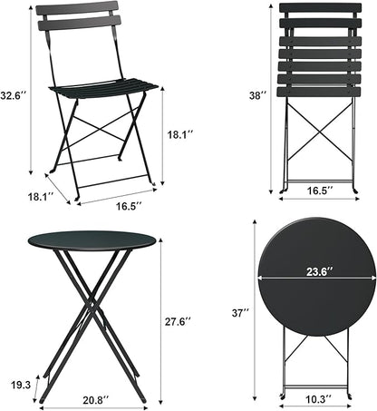 Premium Steel Frame Patio Bistro Set, 3-Piece Outdoor Folding Table and Chairs, Weather Resistant Conversation Sets of 2, Space Saving Patio Furniture for Backyard Balcony Porch Garden, Black