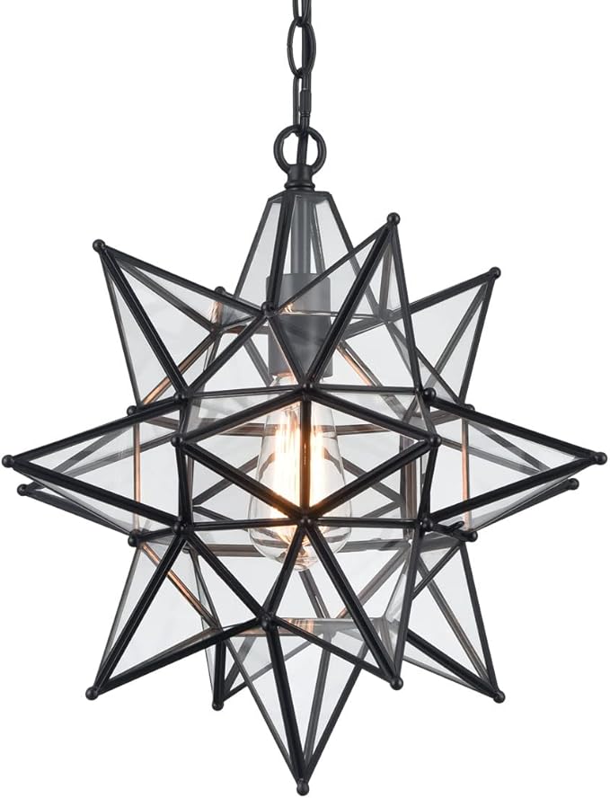 DIRYZON 16“ Modern Moravian Star Pendant Light,Boho Black Pendant Light Fixture,Clear Glass Adjustable Chain