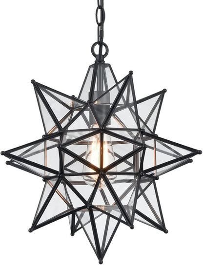 DIRYZON 16“ Modern Moravian Star Pendant Light,Boho Black Pendant Light Fixture,Clear Glass Adjustable Chain