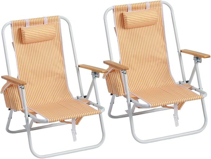 Outvita 2 Pack Folding Beach Chair, 4 Position Adjustable Reclining Lounge Chair with Padded Headrest, Large Rear & Side Storage Pockets, Lightweight Portable Outdoor Chair for Beach Pool Garden BBQ