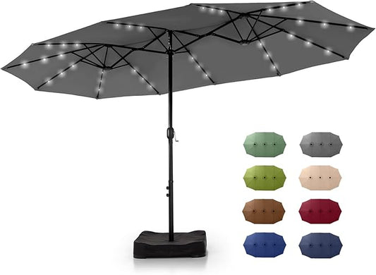 GREEN PARTY 15 ft Rectangle Patio Umbrella with Solar Lights and Base Included, Double-Sided Market Table Umbrella with Crank, Large Outdoor Umbrellas for Patio Poolside Garden Backyard, Smoky Gray