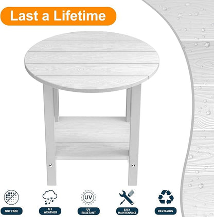 MXIMU Round Outdoor Side Table Adirondack Tables 18 Inch Chairside End Tables with Storage Shelf, 2-Tier Plastic Patio Side Table, Weather Resistant for Balcony Backyard Lawn (White, 2 Pack)