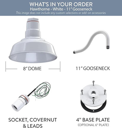 Steel Lighting Co. | Dusk to Dawn | Hawthorne Barn Light | Outdoor Wall Mounted | 8 in Dome | 11 inch Gooseneck| Small Farmhouse Light Made in America | White Exterior/White Interior
