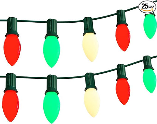 25Ft C9 LED Christmas Multicolor String Lights, Vintage Christmas Lights with 27 C9 Red/Green/White LED Bulbs, Outdoor Hanging Patio Light for Xmas Tree Path Roofline Wedding Party Decoration