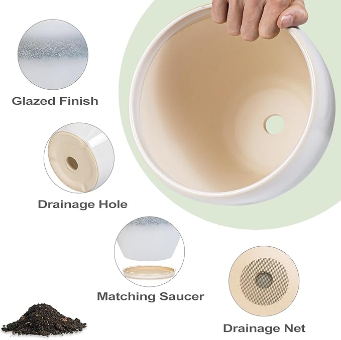 Ceramic Plant Pots - Modern Round 10 Inch 8 Inch 6 Inch Planters for Indoor Outdoor, Flower Pots with Drainage Holes and Plant Saucers, Home Decor, Plant Lover Gifts, Set of 3, White-Grey