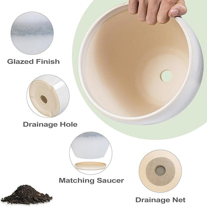 Ceramic Plant Pots - Modern Round 10 Inch 8 Inch 6 Inch Planters for Indoor Outdoor, Flower Pots with Drainage Holes and Plant Saucers, Home Decor, Plant Lover Gifts, Set of 3, White-Grey
