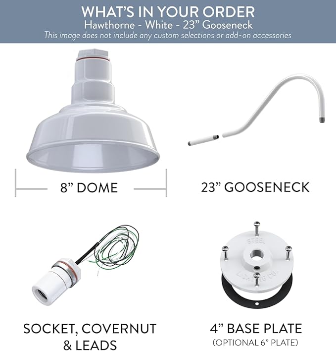 Steel Lighting Co. | Dusk to Dawn | Hawthorne Barn Light | Outdoor Wall Mounted | 8 in Dome | 23 inch Gooseneck| Small Farmhouse Light Made in America | White Exterior/White Interior