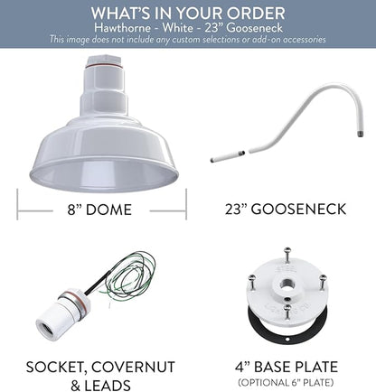 Steel Lighting Co. | Dusk to Dawn | Hawthorne Barn Light | Outdoor Wall Mounted | 8 in Dome | 23 inch Gooseneck| Small Farmhouse Light Made in America | White Exterior/White Interior