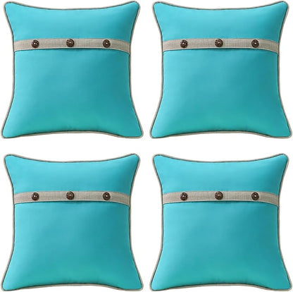 Outdoor Sunbrella Decorative Pillows with Triple Coconut Buttons Pack of 4, 18" x 18" Outdoor Pillow Set for Couch Bed Throw Patio Sofa, Canvas Aruba/Cast Ash