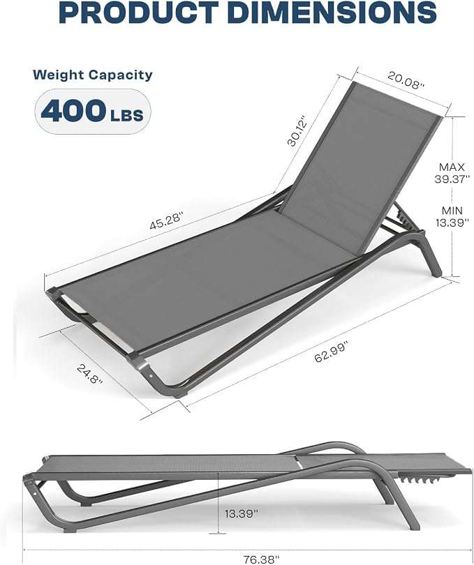 3-Piece Patio Chaise Lounge Set with Side Table, Set of 2 Adjustable Pool Chairs and Aluminum Bistro Table, All-Weather Outdoor Furniture for Pool Deck, Patio & Tanning, Grey