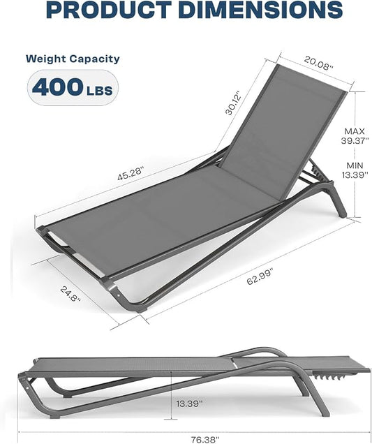 3-Piece Patio Chaise Lounge Set with Side Table, Set of 2 Adjustable Pool Chairs and Aluminum Bistro Table, All-Weather Outdoor Furniture for Pool Deck, Patio & Tanning, Grey