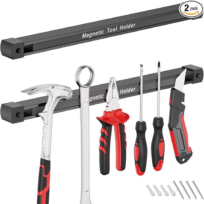 Double Sided Magnetic Tool Holder, 12 Inch Magnetic Tool Bar, Heavy Duty Wall Mount Strip with Ultra Strong Magnet for Garage, Workshop, Jobsite, Shed and Kitchen (2 Pack)