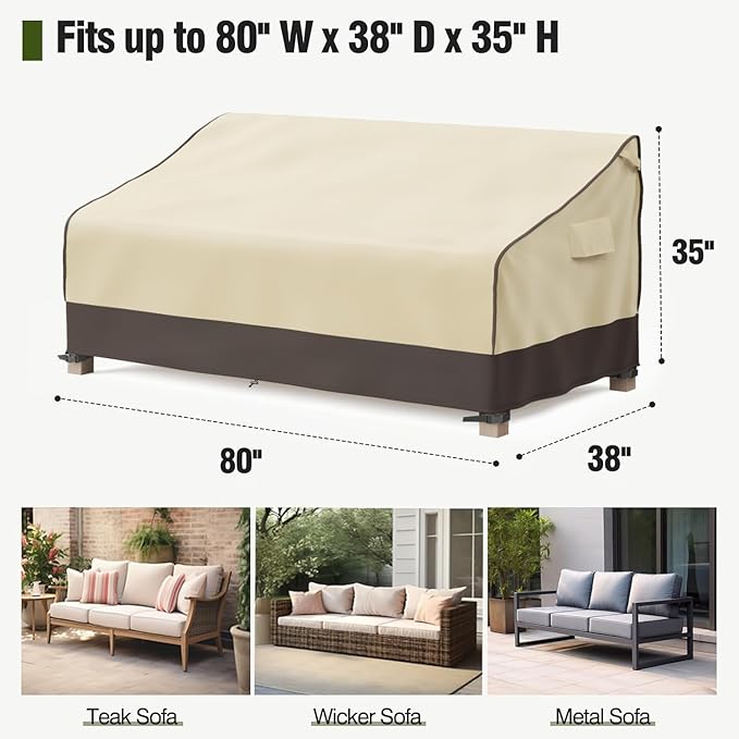 MR. COVER 3-Seater Outdoor Couch Cover Waterproof, 80 Inch Patio Furniture Covers Waterproof with All Weather Protection, Heavy Duty Outdoor Sofa Covers with Air Vent and Handles, Brown & Khaki