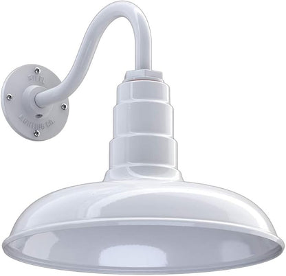 Steel Lighting Co. Topanga Barn Light | Outdoor Wall Mounted | Farmhouse Garage Light Made in America | 14 inch Dome | 11 inch Gooseneck | White Exterior/White Interior