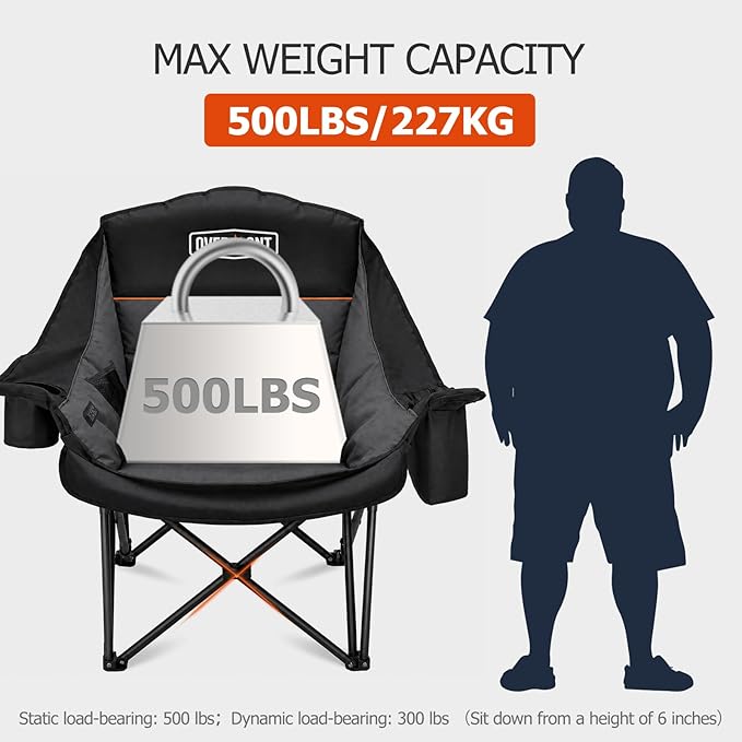 Overmont Gentle Heated Oversized Camping Chair for Adults - 3 Levels Seat & Back Separately Control - 500lbs Support Heavy Duty Padded Folding Chair Outdoor Garden Portable - Battery NOT Included