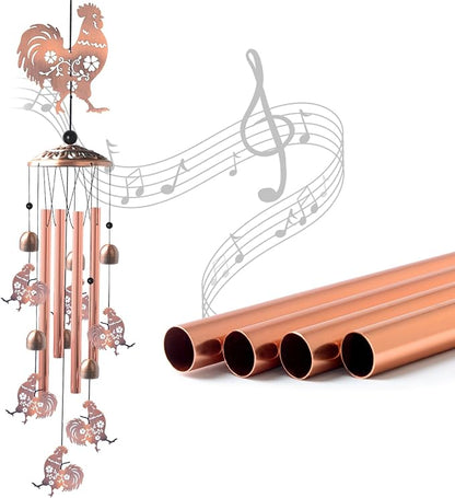 Outside Brass Rooster Wind Chimes – Handcrafted with Deep Melodic Tone, Christmas/Birthday Decor for Garden & Patio Lovers, Unique Housewarming Present for Outdoor Spaces