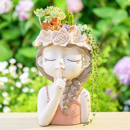 Adorable Large Girl face Planter Cute Big Succulent Pot with Drainage Hole Tall Lady Head Planter Resin Flower Pot Decorative vase for Plants
