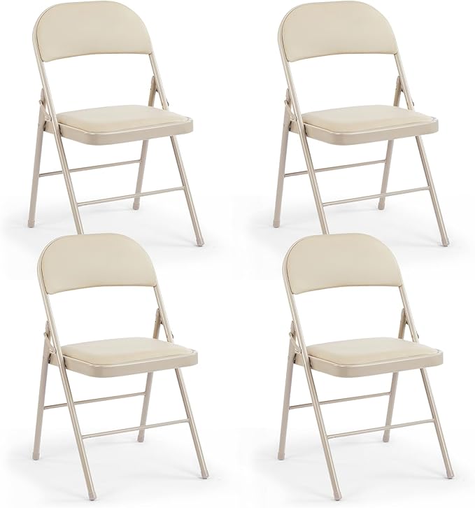 DUMOS 4 Pack Leather Padded Folding Chair, Indoor Outdoor Portable Stackable Commercial Seat with Steel Frame, Capacity for Home, Office, Party, Comfy, Kahki