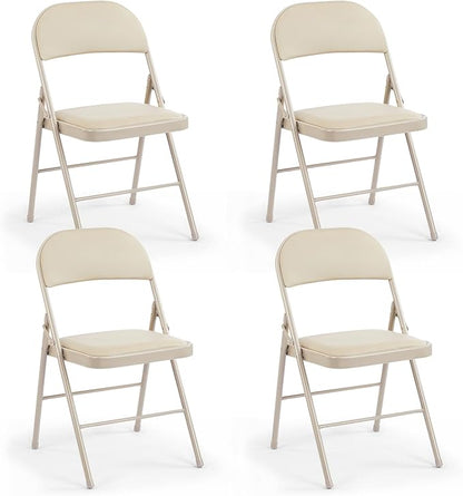 DUMOS 4 Pack Leather Padded Folding Chair, Indoor Outdoor Portable Stackable Commercial Seat with Steel Frame, Capacity for Home, Office, Party, Comfy, Kahki