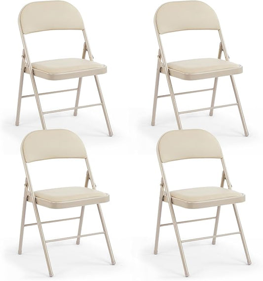 DUMOS 4 Pack Leather Padded Folding Chair, Indoor Outdoor Portable Stackable Commercial Seat with Steel Frame, Capacity for Home, Office, Party, Comfy, Kahki