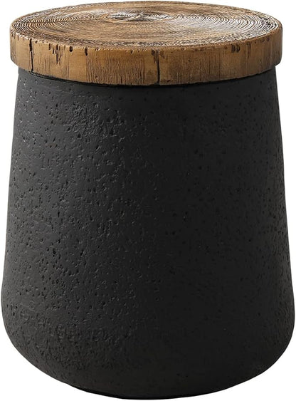 HOMPUS Outdoor Concrete Side Table, Patio Black Side Table, Small Outdoor Accent End with Wood Grain Top, Cylinder Shaped Round for Patio, Outside, Black