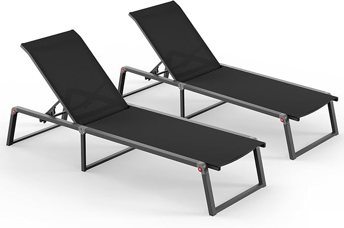 Aluminum Chaise Lounge Chair Outdoor, Foldable& No Assembly Pool Lounge Chairs 5-Position Recliner for Outside, Fully Grounded Legs Patio Lounger for Poolside, Black, 2 Pack