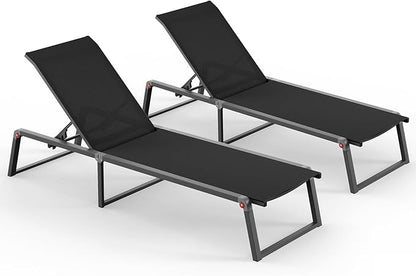Aluminum Chaise Lounge Chair Outdoor, Foldable& No Assembly Pool Lounge Chairs 5-Position Recliner for Outside, Fully Grounded Legs Patio Lounger for Poolside, Black, 2 Pack