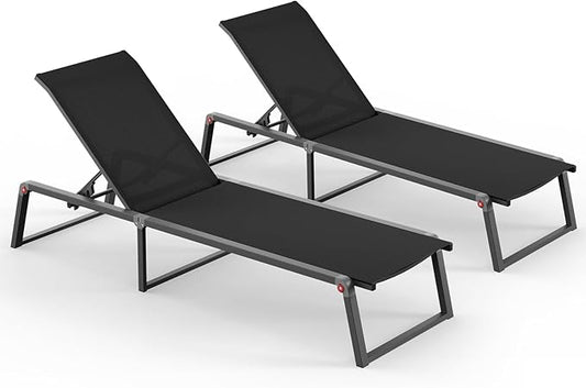 Aluminum Chaise Lounge Chair Outdoor, Foldable& No Assembly Pool Lounge Chairs 5-Position Recliner for Outside, Fully Grounded Legs Patio Lounger for Poolside, Black, 2 Pack