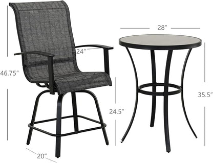 Grand patio 3 Piece Counter Height Patio Bar Set, Modern Round Bar Table and Swivel Bar Stools for Outdoor Kitchen Bistro Small Space Restaurant (Black&Grey Plaid, 3PC)