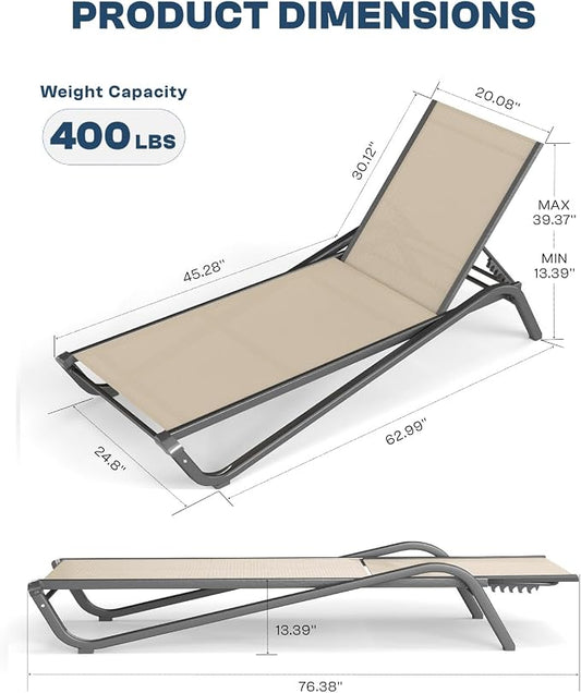 3-Piece Patio Chaise Lounge Set with Side Table, Set of 2 Adjustable Pool Chairs and Aluminum Bistro Table, All-Weather Outdoor Furniture for Pool Deck, Patio & Tanning, Beige
