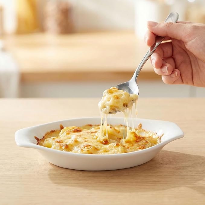 6" x 4" Ceramic Oval Small Au Gratin Baking Dishes 7 oz, Set of 4 Banana Split Bowls, Oven and Microwave Safe, for 1 person servings, Bakeware with Handle(8.3 IN) for Kitchen and Home