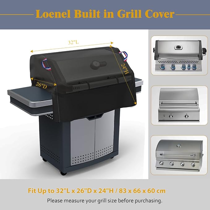 Built in Grill Cover for Outdoor Grill, 32 Inch BBQ Grill Top Cover for Most 29-31 Inch 4 Burner Built in Grill, Heavy Duty Waterproof Outdoor Kitchen & Grill Head Cover - 32"W x 26"D x 24"H