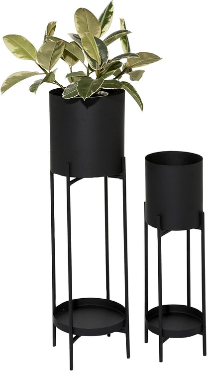 Deco 79 Metal Indoor Outdoor Planter Large Planter Pot with Lower Shelf and Removable Stand, Set of 2 Planters 24", 33"H, Black