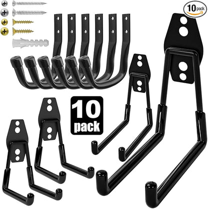 Heavy Duty Wall Garage Hooks, Steel Anti-Slip Utility Hooks Storage Organization Hangers for Ladders, Bikes, Hose, Garden Tools, Coats, Bags with Mounting Hardware Kit (Black, 10 Pack)