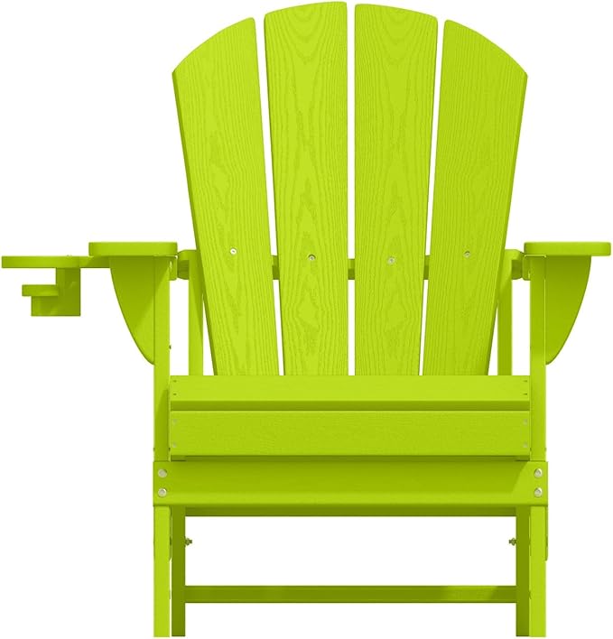Folding Adirondack Chairs with Cup Holders, Set of 4 HDPE Plastic Outdoor Chairs, Weather Resistant, Real Wood Look, Heavy-Duty Patio Furniture for Deck, Fire Pit, Backyard, Apple Green