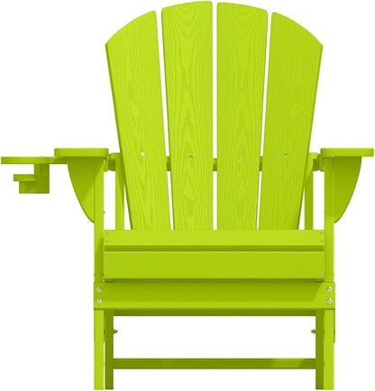 Folding Adirondack Chairs with Cup Holders, Set of 4 HDPE Plastic Outdoor Chairs, Weather Resistant, Real Wood Look, Heavy-Duty Patio Furniture for Deck, Fire Pit, Backyard, Apple Green