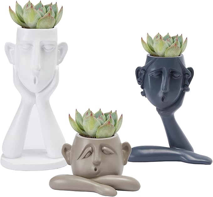 GUTE Human Face Shaped Succulent & Flower Planter Pots - Set of 3- Figurines for Garden - Indoor Outdoor Decorative Garden Figurines, Drainage Holes for Plants Artistic - White, Khaki, Grey