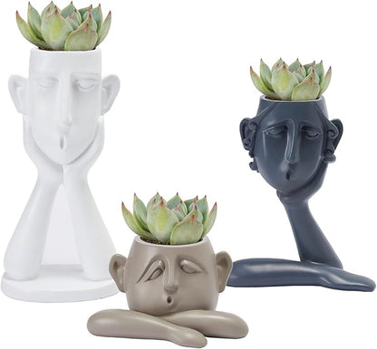 GUTE Human Face Shaped Succulent & Flower Planter Pots - Set of 3- Figurines for Garden - Indoor Outdoor Decorative Garden Figurines, Drainage Holes for Plants Artistic - White, Khaki, Grey