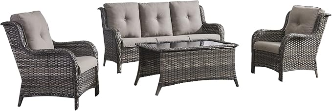 HUMMUH Outdoor Furniture 4 Pieces Patio Furniture Set Wicker Outdoor Sectional Sofa with 2 Patio Chairs,Coffee Table(Grey/Grey)